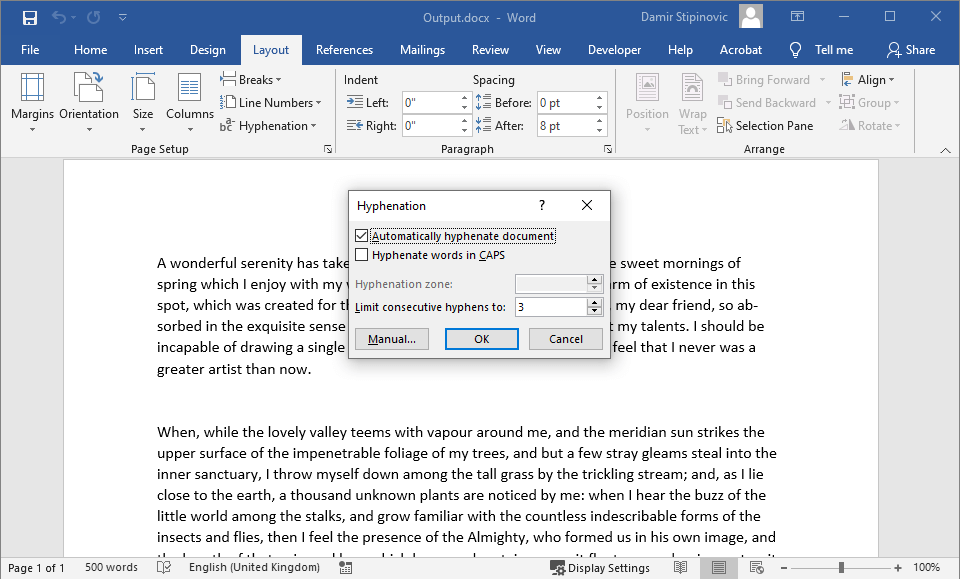 Hyphenation options in output Word file
