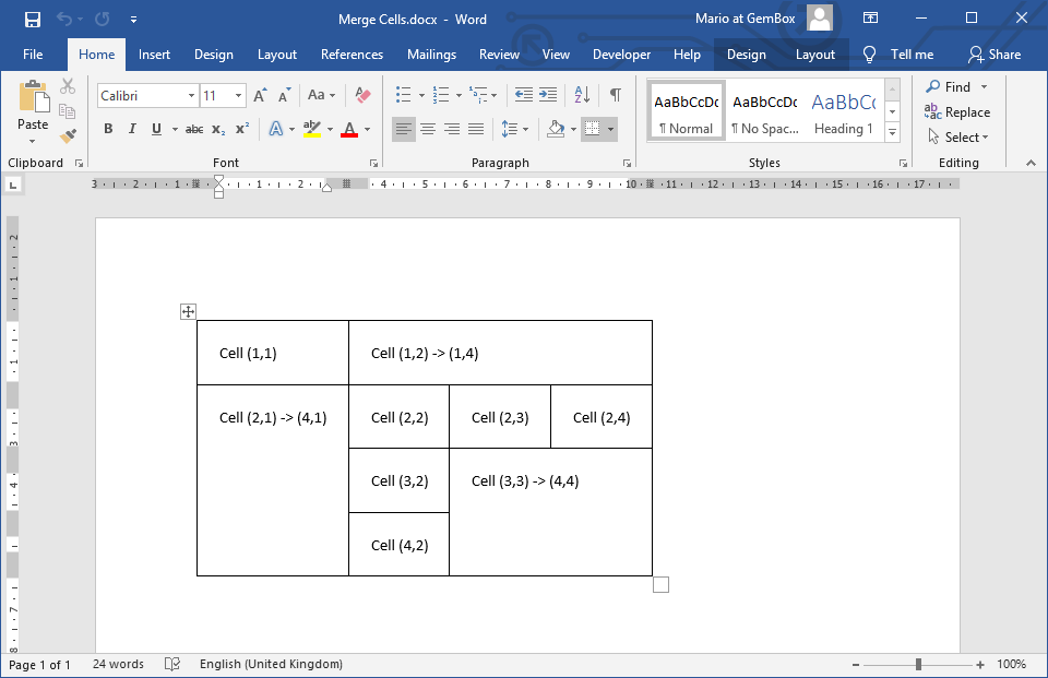 Word document with Table that has merged cells