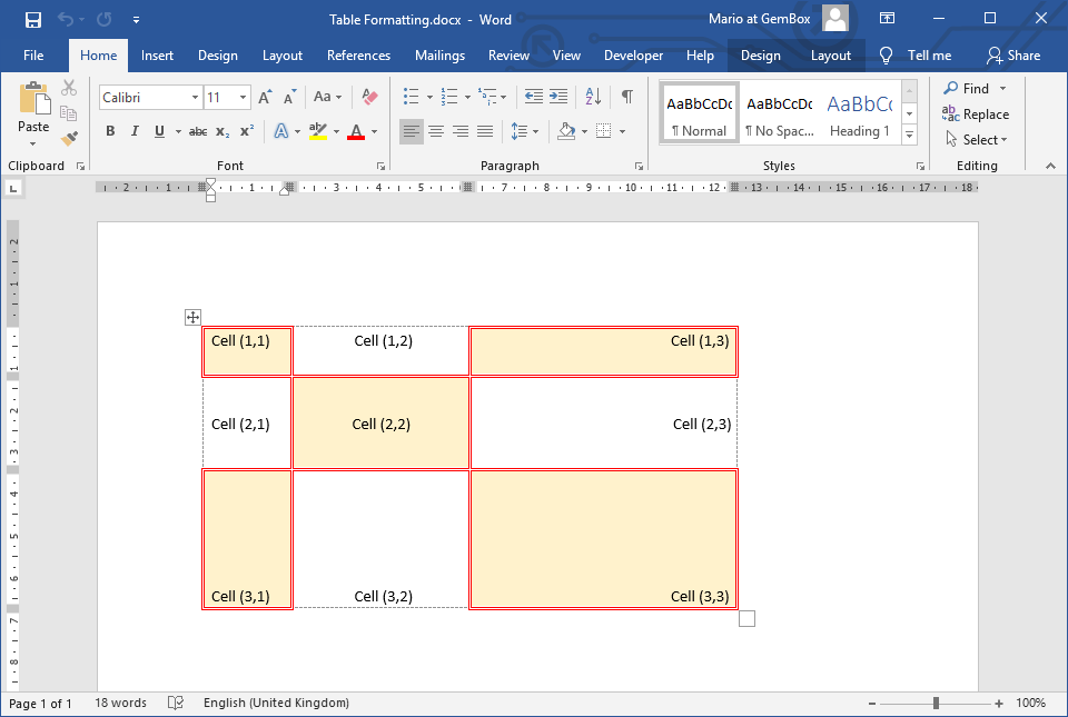 Word document with table, row and cell formatting set with GemBox.Document