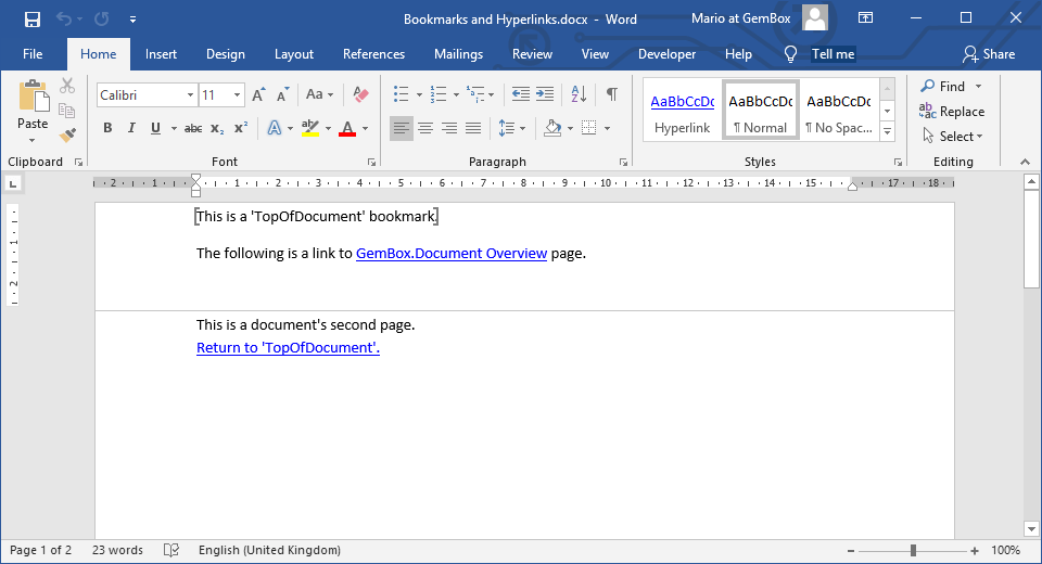 Word document with Bookmark and Hyperlink elements