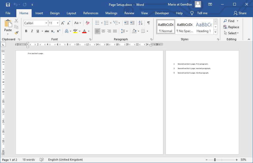 Word document with set page options like size and margin
