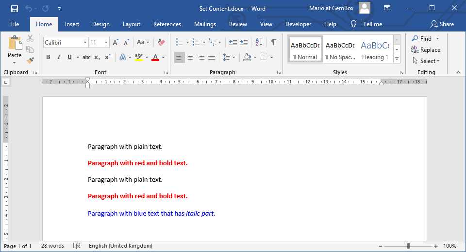 Set Word file's content with plain text, HTML text and other document's content.