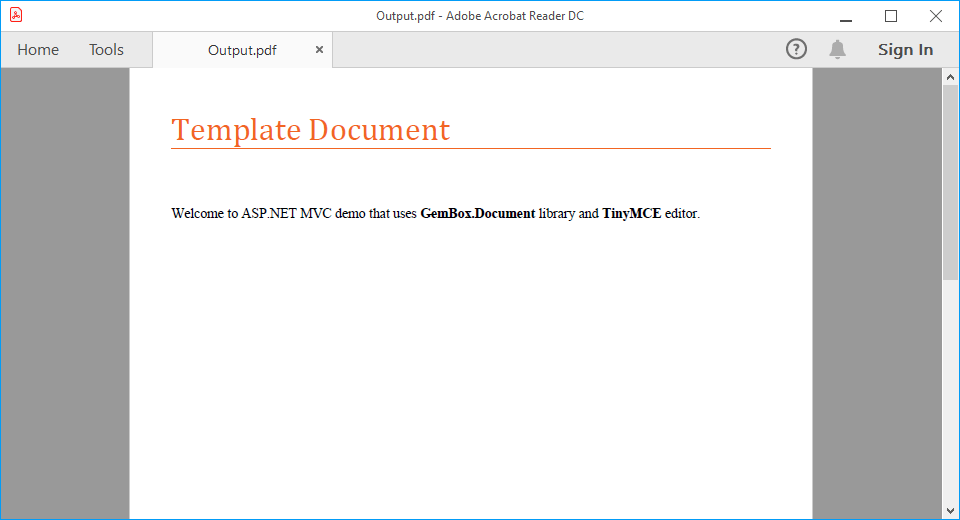Generated and downloaded PDF document from template Word document in ASP.NET MVC demo application