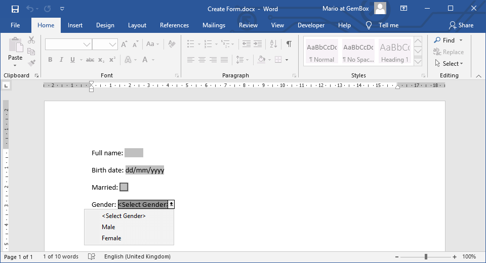 Creating Word document with text, check-box and drop-down form fields in C# and VB.NET