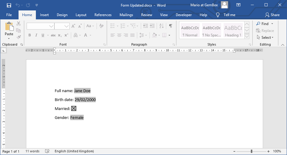 Updating Word document's text, check-box and drop-down form fields in C# and VB.NET
