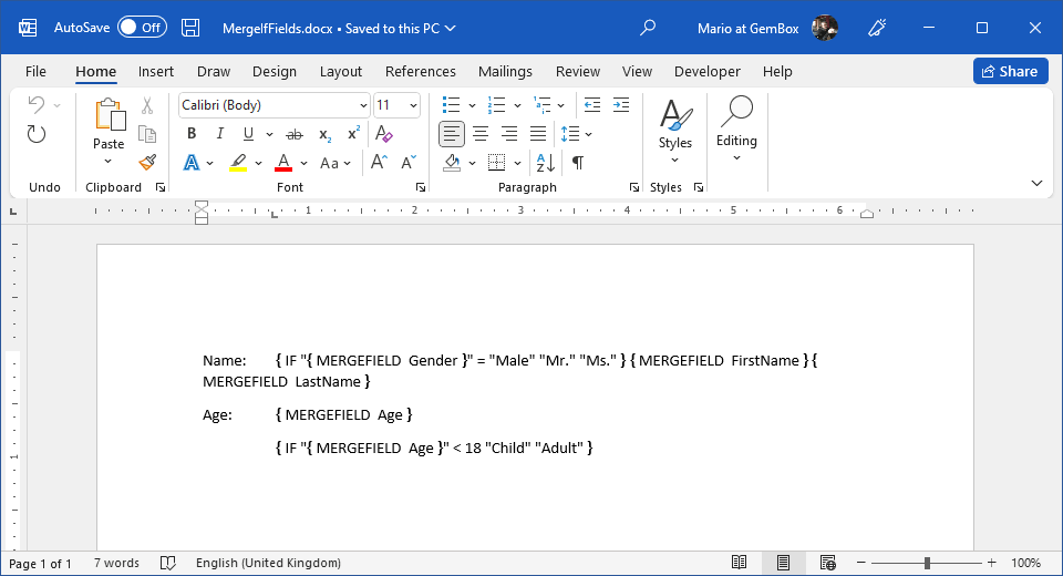 Word document with MERGEFIELD and IF fields