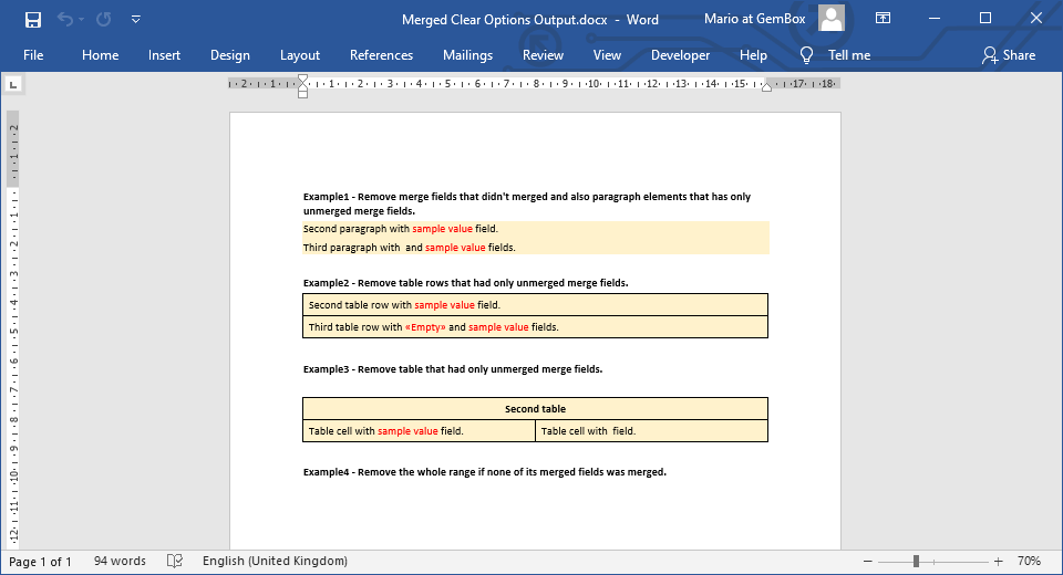 Word document generated with mail merge process that has clear options defined