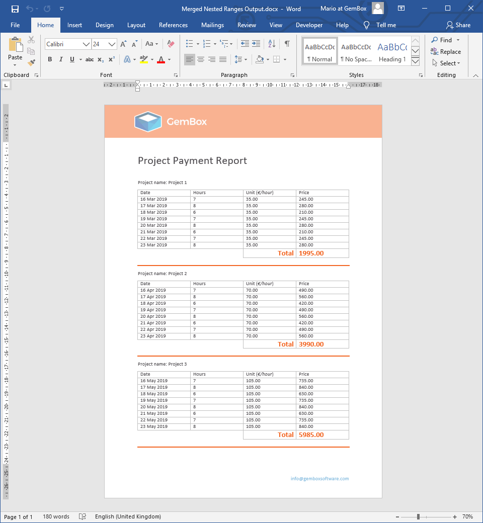 Word document generated from merging nested ranges with relational DataSet object
