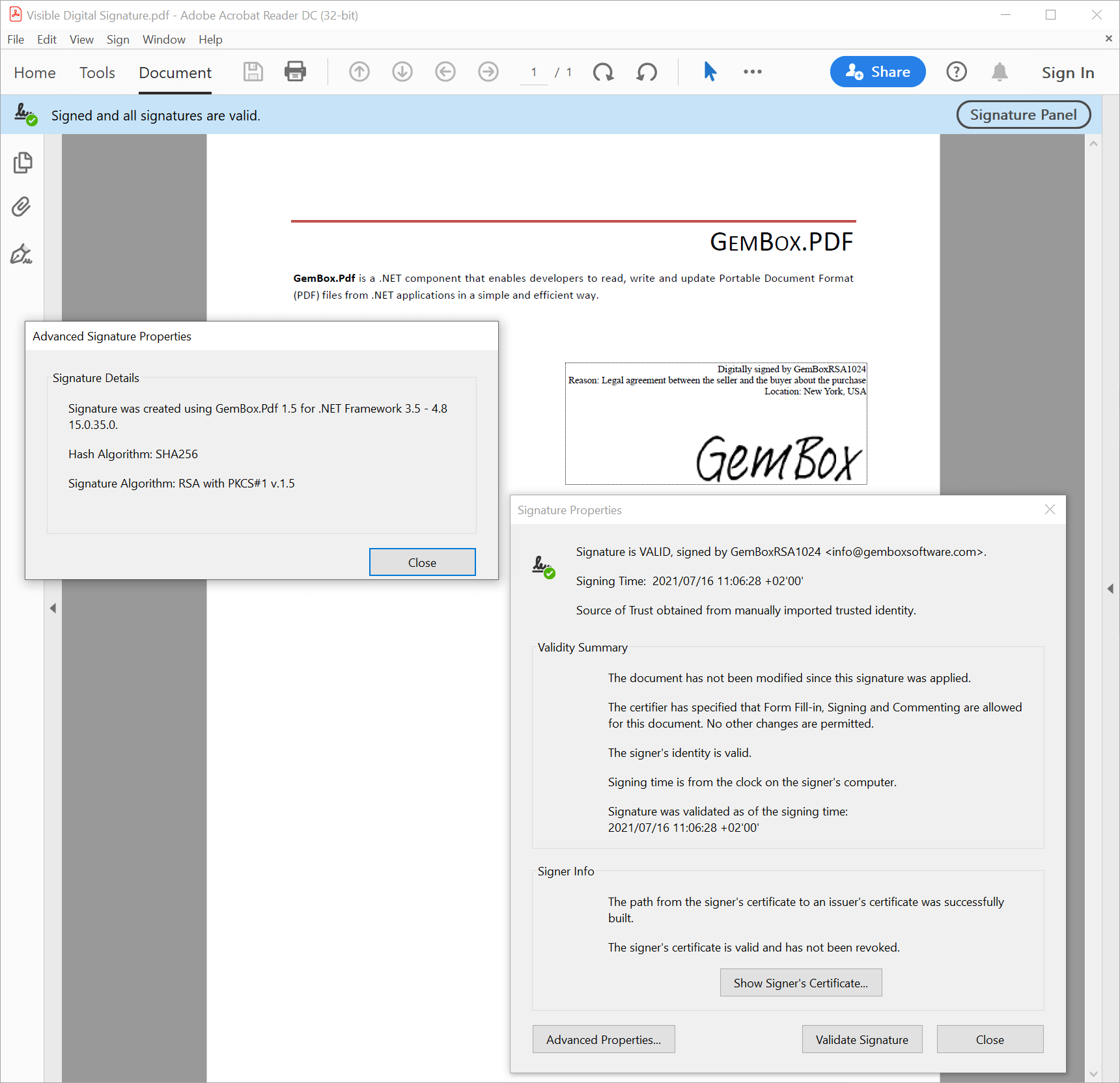 PDF file with visible digital signature