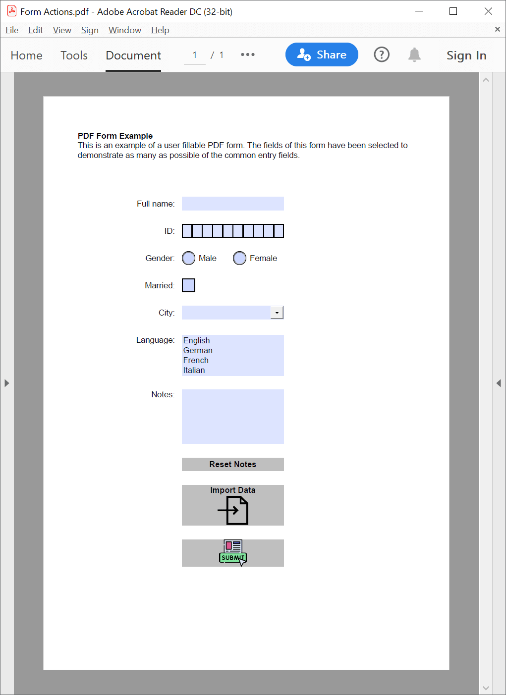 Buttons with interactive form field actions created using GemBox.Pdf