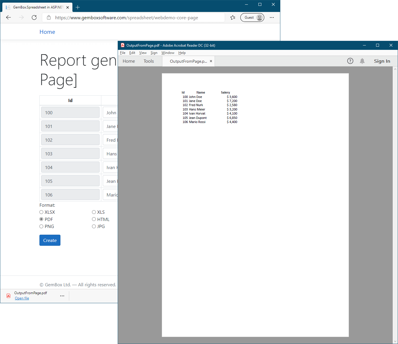 Exporting tabular data from Razor page and generating PDF file in ASP.NET Core Razor Pages application
