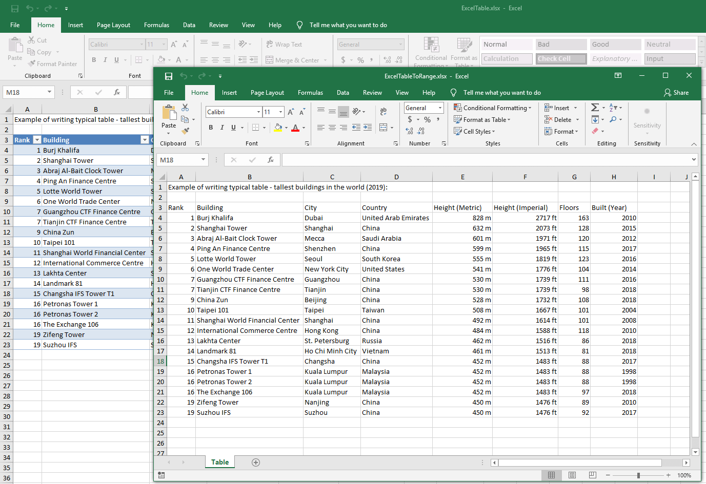 Screenshot of Excel file created by converting table to range