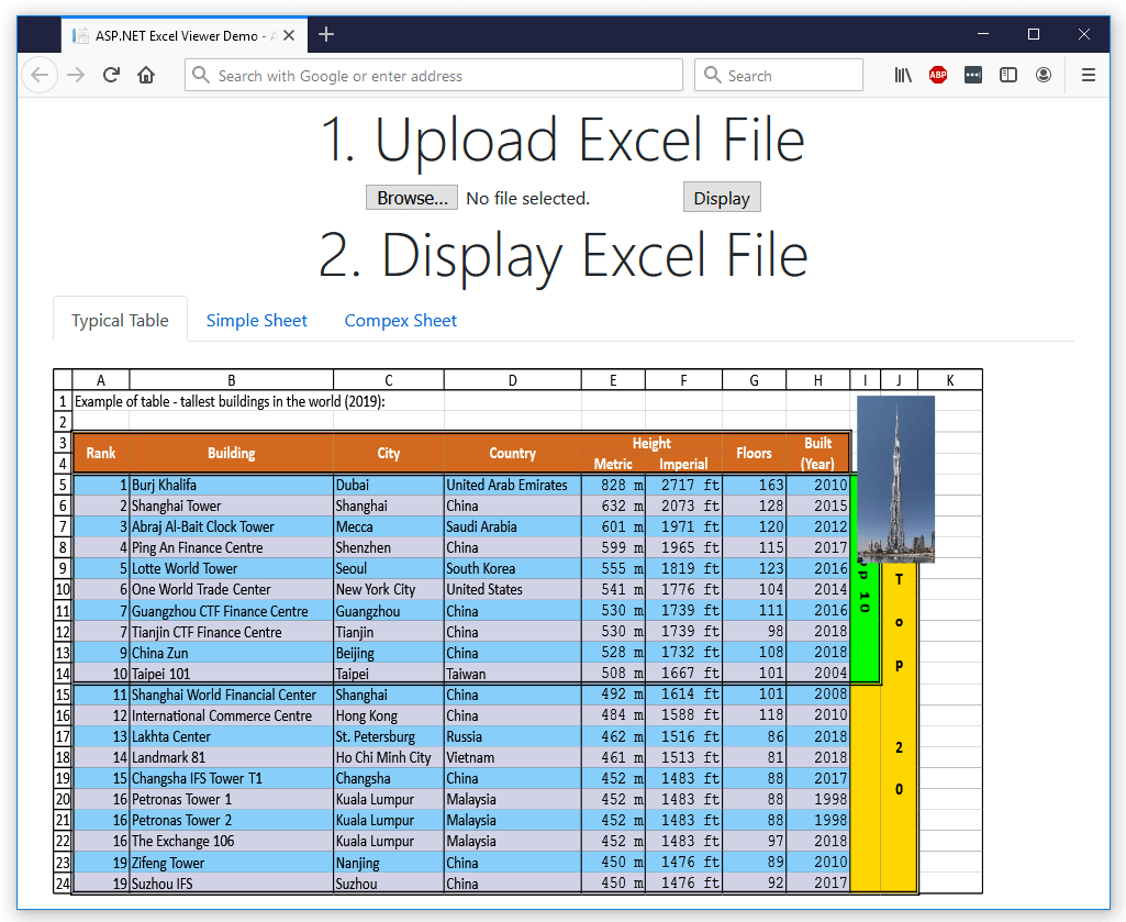 HTML page that displays an Excel file