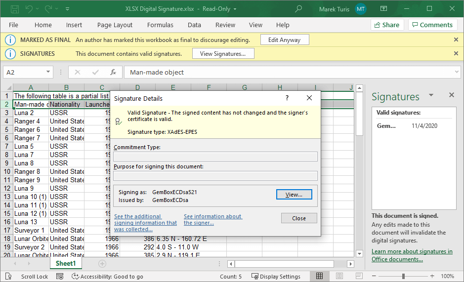 Excel Digital Signature in C# and VB.NET