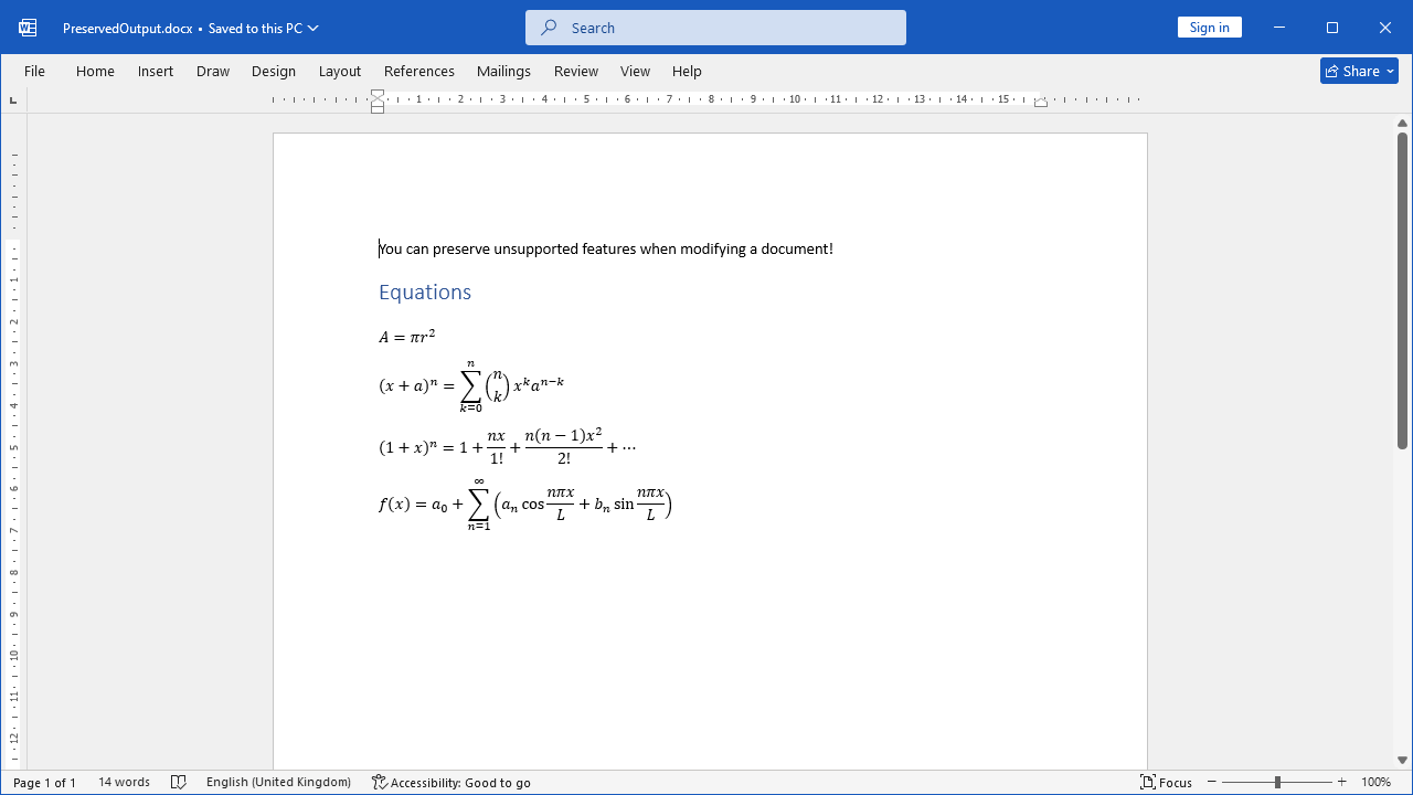 Screenshot of Word file with preserved Equations Reading and writing Word document with preserved Equations