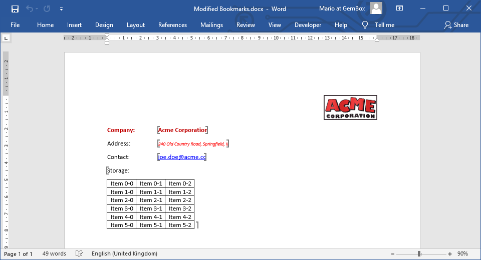 Screenshot of Word file with modified bookmarks Word document with data inserted in bookmarks