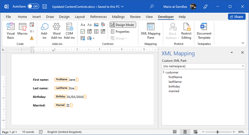 Word document with updated Content Controls