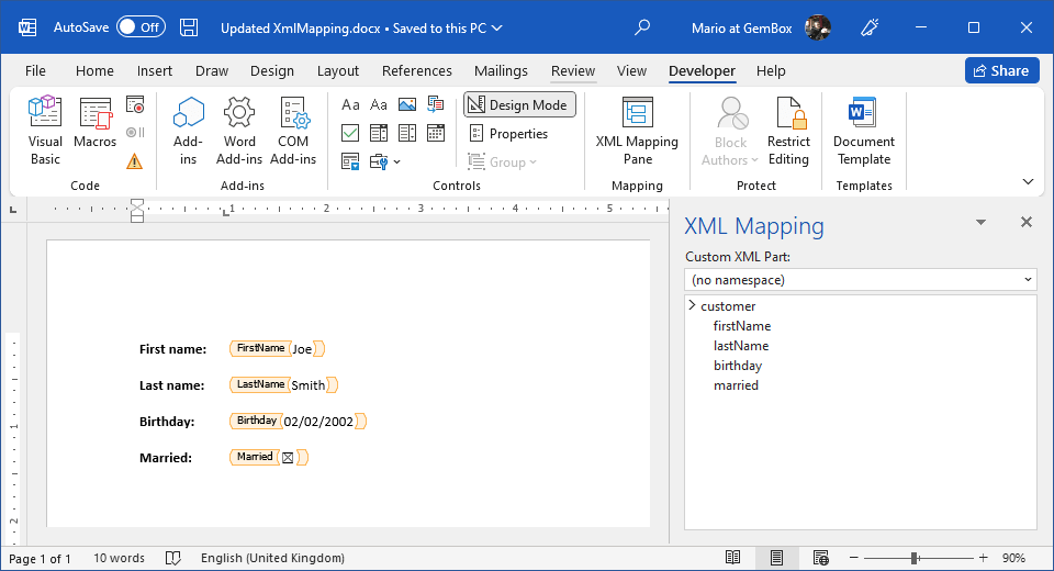Word document with updated XML Mapping