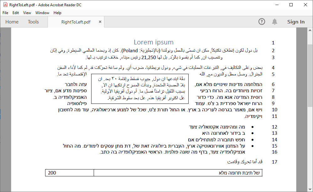 Screenshot of converted PDF with right-to-left text Word document with right-to-left text converted to PDF file