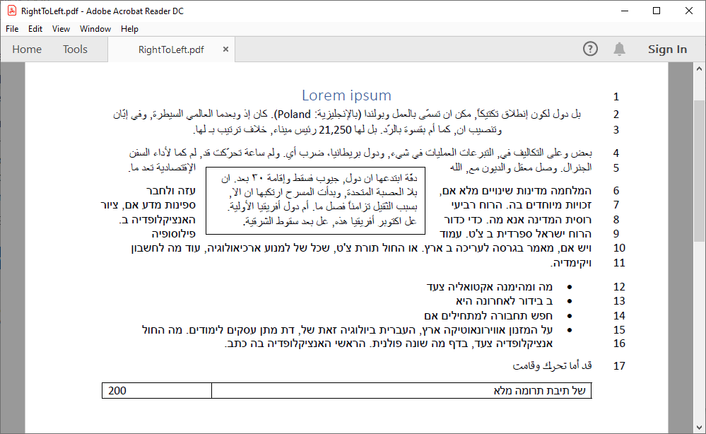 Word document with right-to-left text converted to PDF file