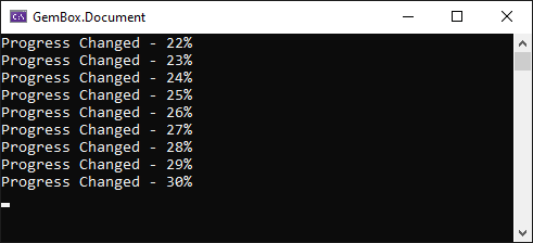 Screenshot of the progress reported with GemBox.Document The progress reported with GemBox.Document