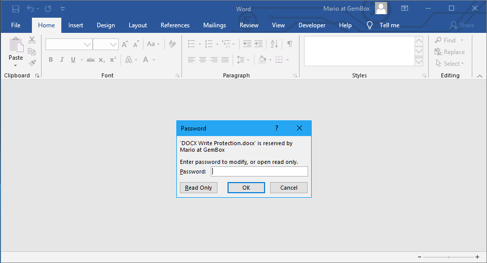 Write protected Word file of DOCX format created in C# and VB.NET and opened in read-only mode.