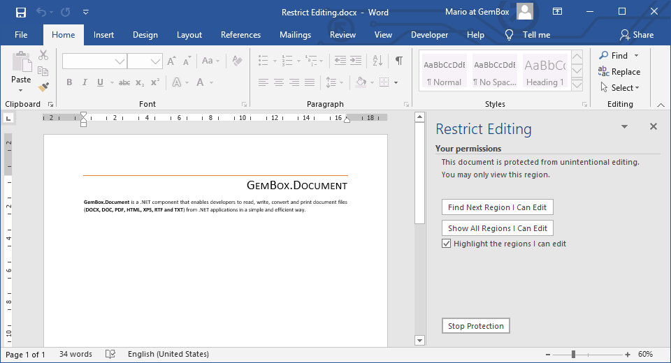 Screenshot of restrict editing in Word document Protected Word file of DOCX format with editing restriction in C# and VB.NET