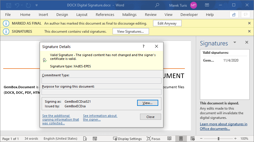 DOCX Digital Signature | GemBox.Document Example