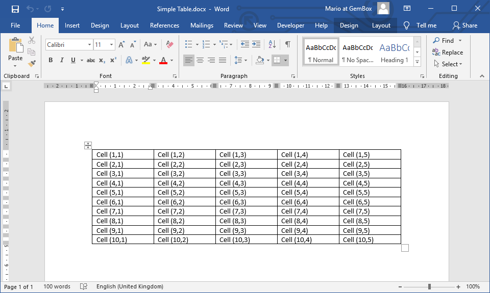 Word document with Table, Rows and Cells