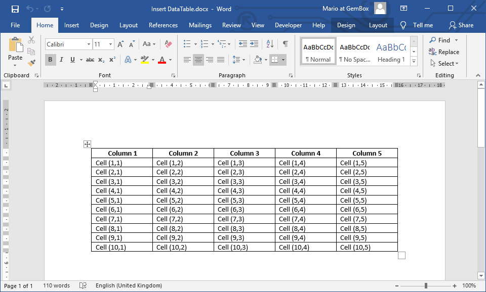 Word document with Table element generated from DataTable object