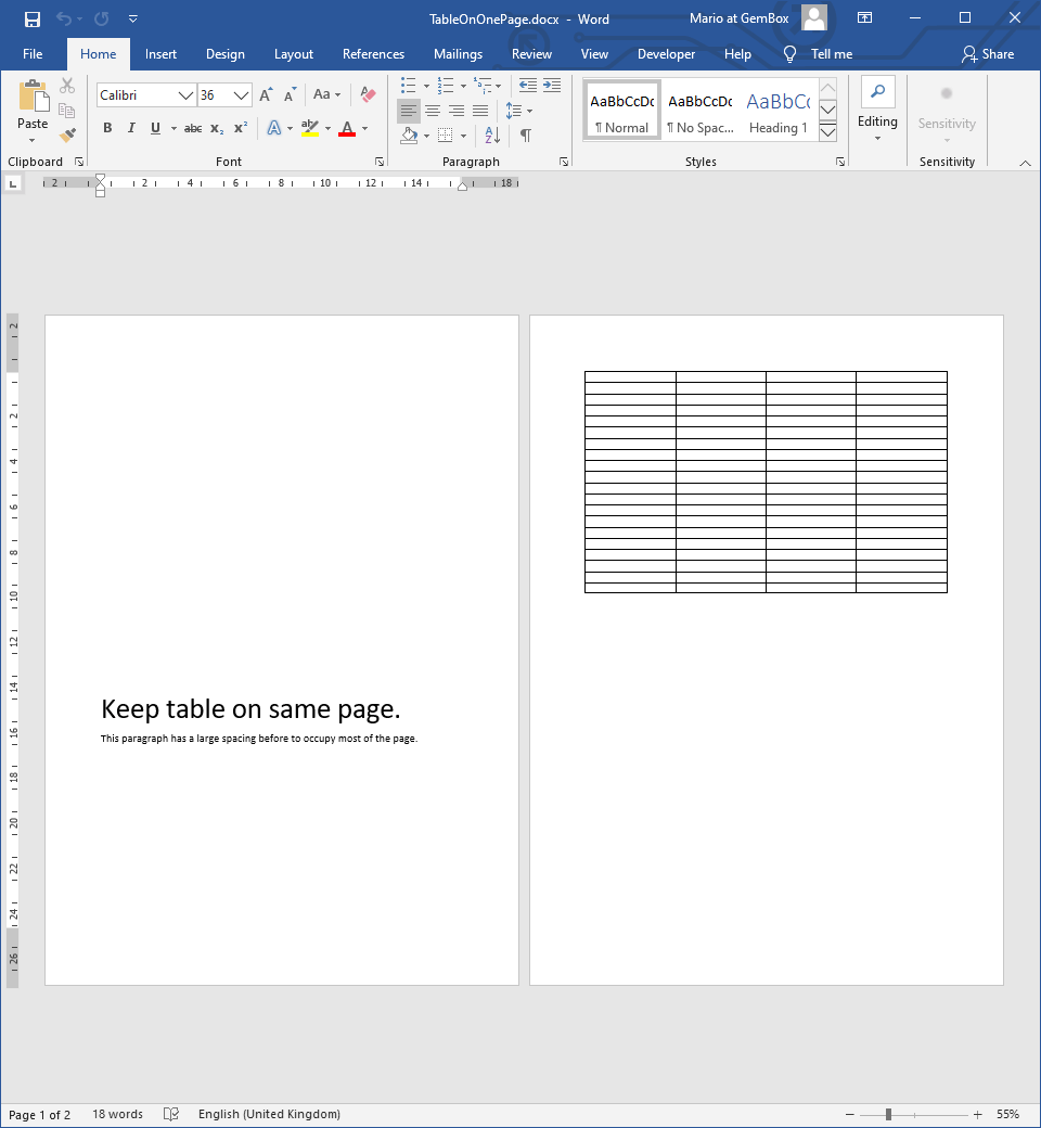 Word document with a table element that's kept on a single page