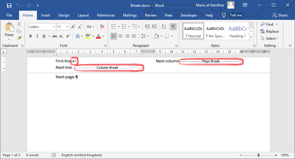 Word document with SpecialCharacter elements