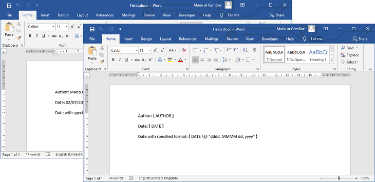 Word document with fields result value and instruction code