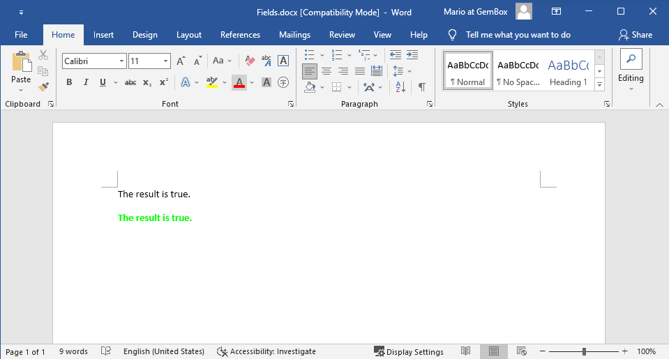 Resulting Word file containing two resolved fields