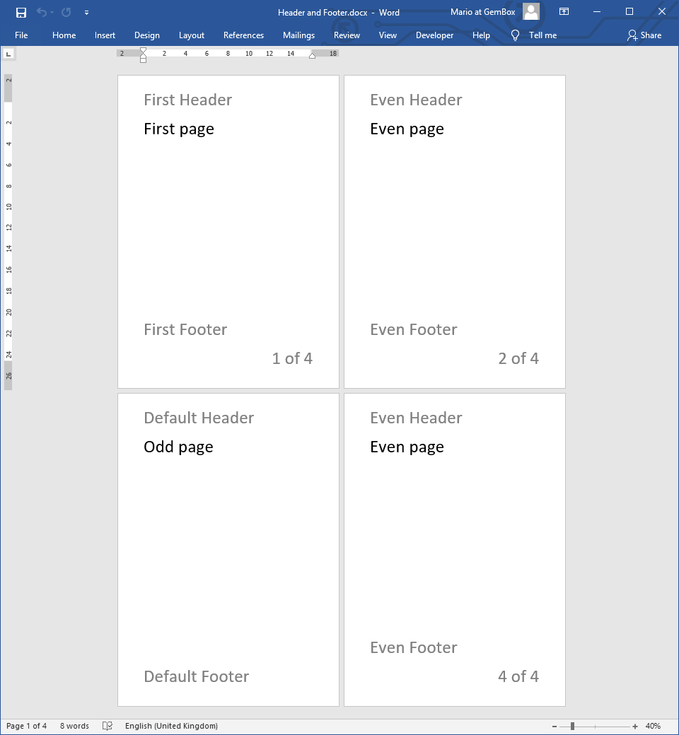 Screenshot of Word file with headers and footers Word document with Header and Footer elements