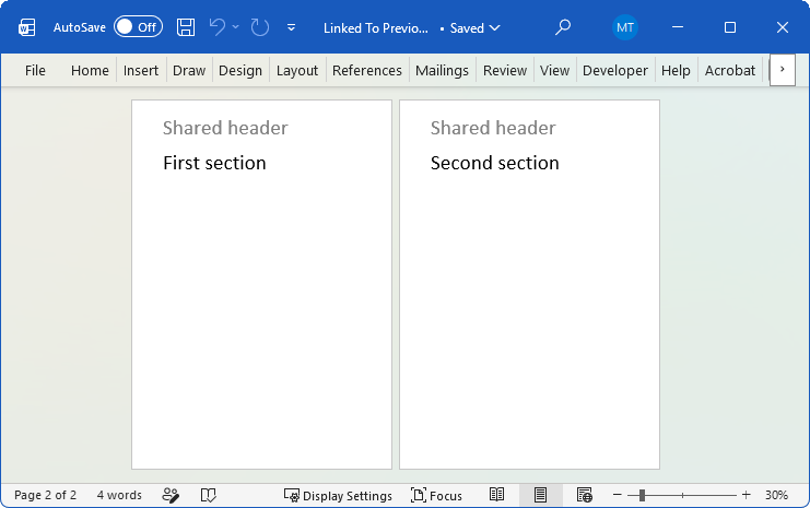 Two Word sections sharing one header through SetLinkedToPrevious, created with GemBox.Document