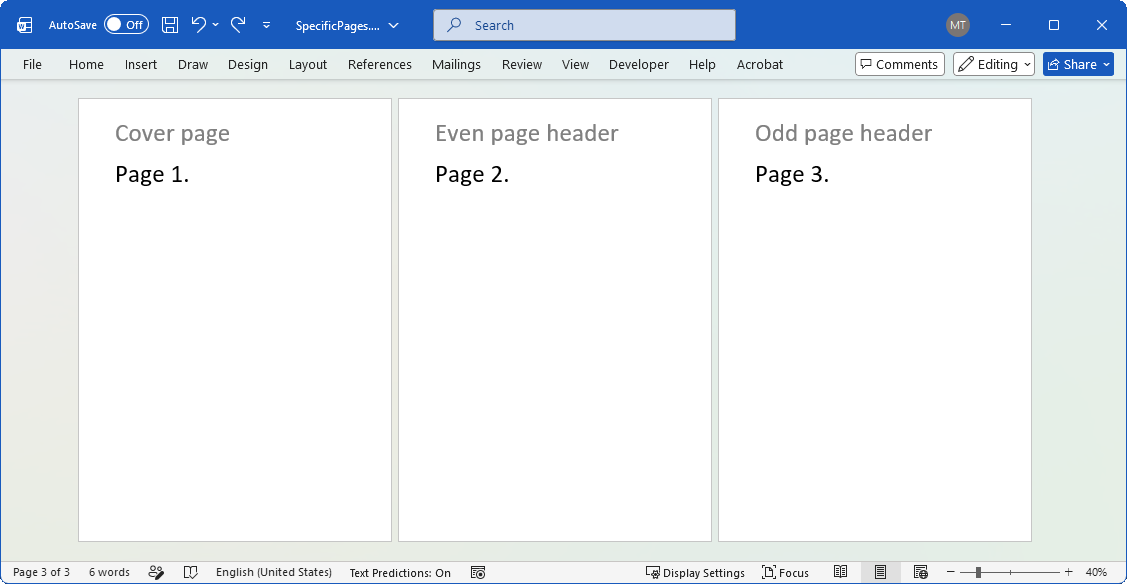 A Word document with a first-page header, an odd-page header, and an even-page header, created with GemBox.Document