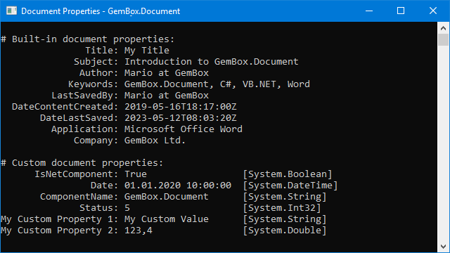 Screenshot of document properties from Word file Word file's built-in and custom document properties