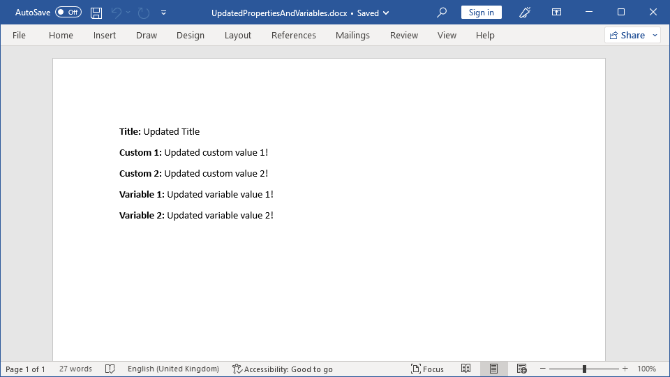 Word file with updated DOCPROPERTY and DOCVARIABLE fields