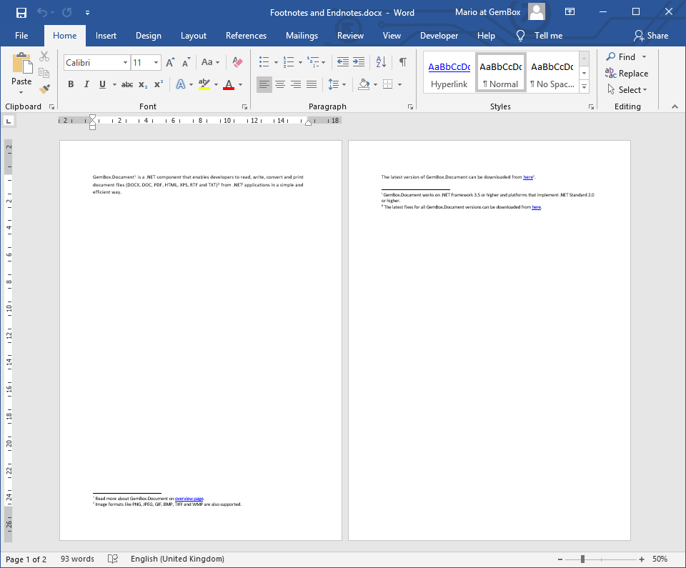 Word document with Footnote and Endnote elements