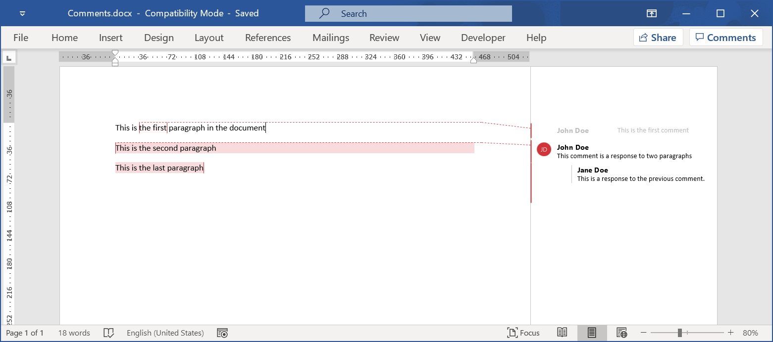 Screenshot of Word file with comments Word document with comments