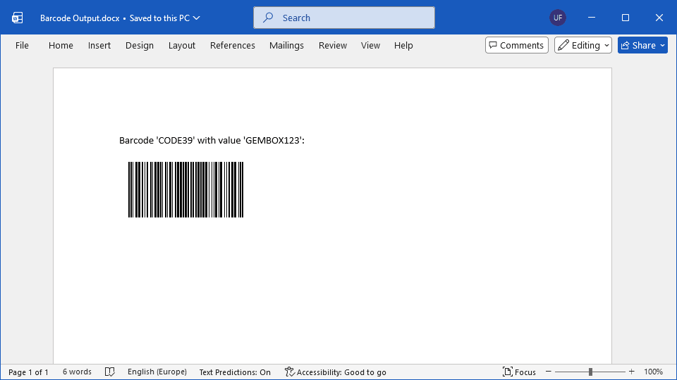 Output file with CODE39 barcode A CODE39 barcode created programmatically in C# and VB.NET