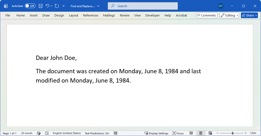 A Word document with placeholders replaced by text using GemBox.Document