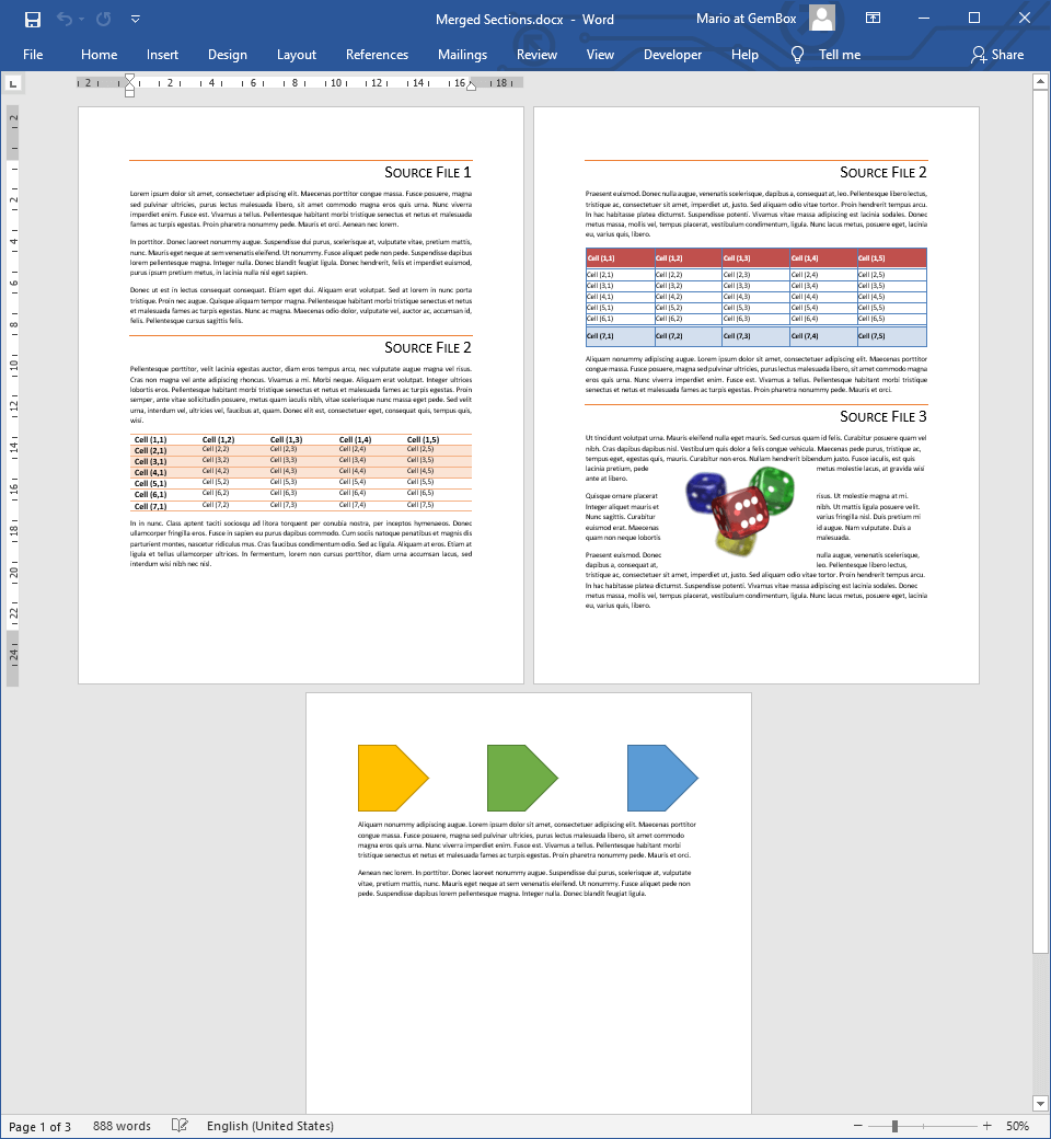 Combining Word files into one by importing source sections, without page break, to destination document