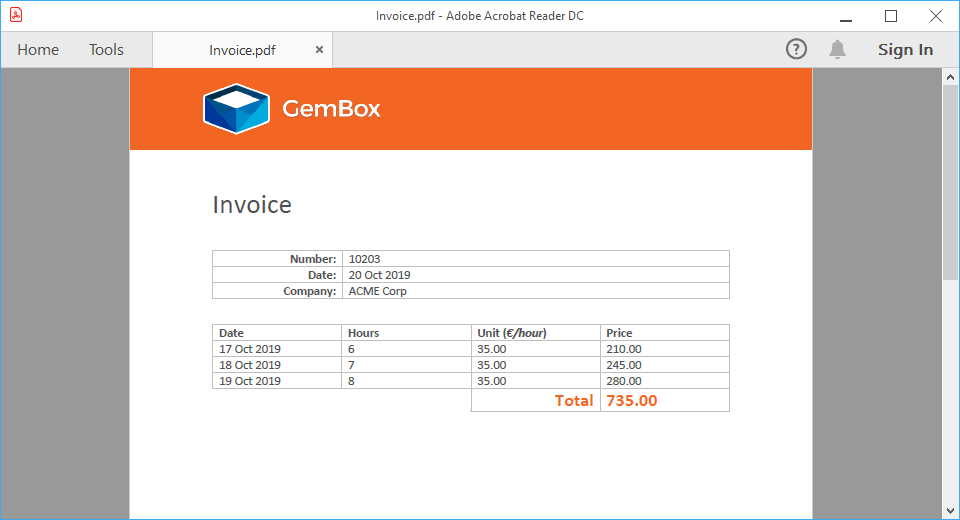 Generated PDF document from template Word document in ASP.NET Web Forms demo application