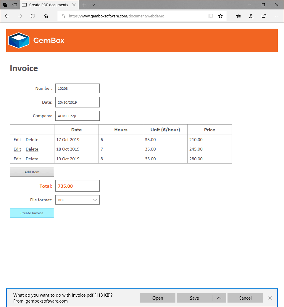 Sending form data from default page of ASP.NET Web Forms demo application