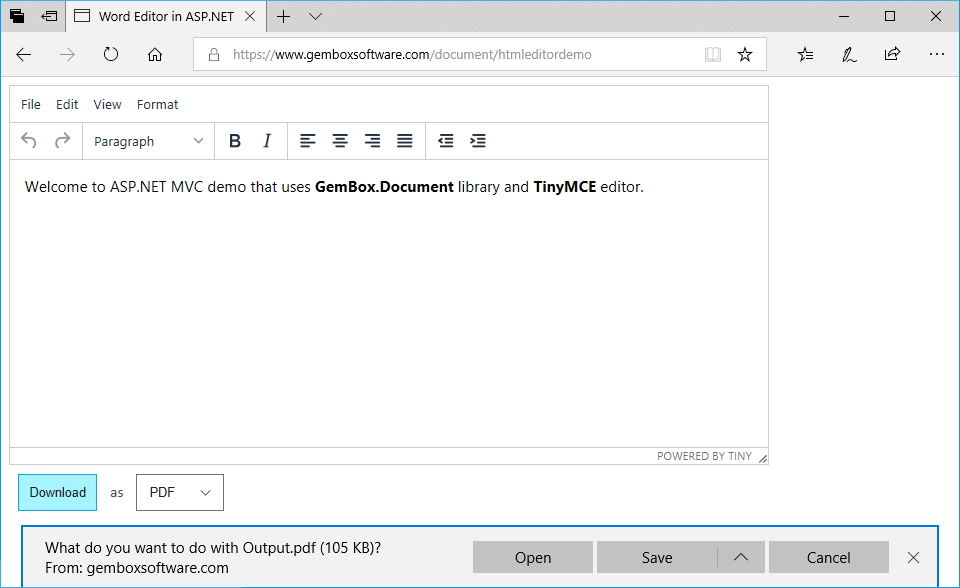 Word editor that combines WYSIWYG HTML editor and GemBox.Document in ASP.NET MVC demo application