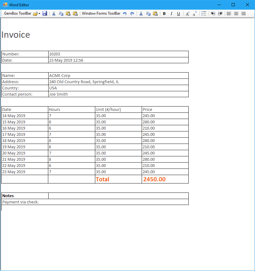 Word Editor in Windows Forms application