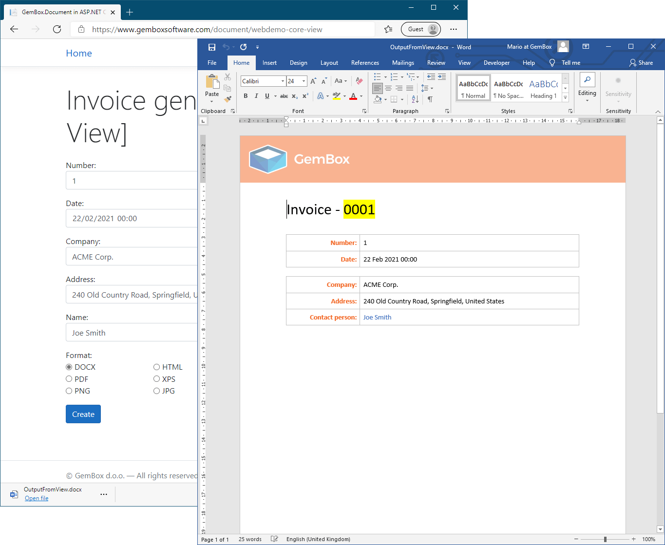 Importing data from Razor view and generating DOCX file in ASP.NET Core MVC application