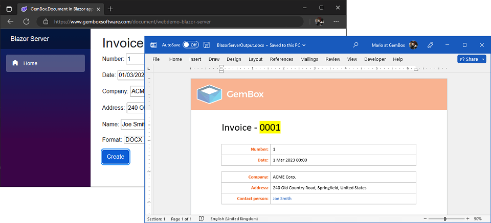 Create Word from Blazor application
